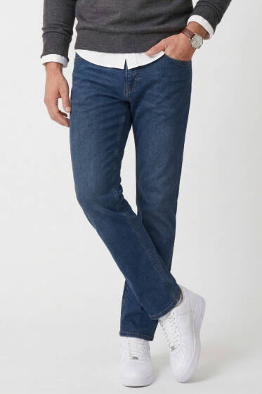 Regular Fit Likralı Cepli Erkek Kot Pantolon Koyu Mavi - Erkek Pantolon