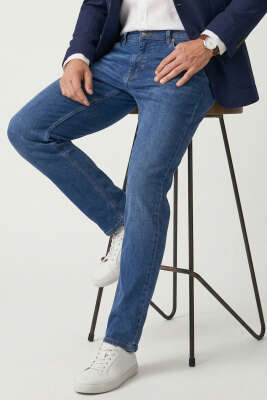 Regular Fit Likralı Cepli Erkek Kot Pantolon Mavi - DEEP BROWN