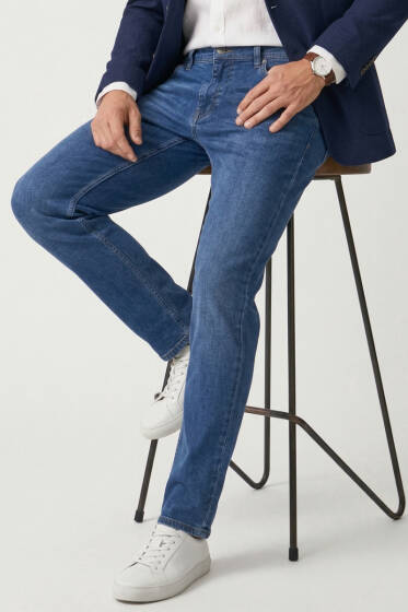 Regular Fit Likralı Cepli Erkek Kot Pantolon Mavi - Erkek Pantolon