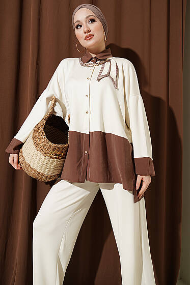 Renk Bloklu Fularlı İkili Takım Bej - İkili Takım