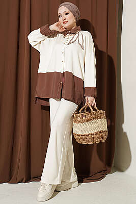 Renk Bloklu Fularlı İkili Takım Bej - İkili Takım