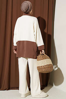 Renk Bloklu Fularlı İkili Takım Bej - İkili Takım