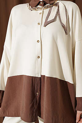 Renk Bloklu Fularlı İkili Takım Bej - İkili Takım