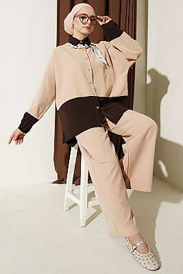 Renk Bloklu Fularlı İkili Takım Bej 