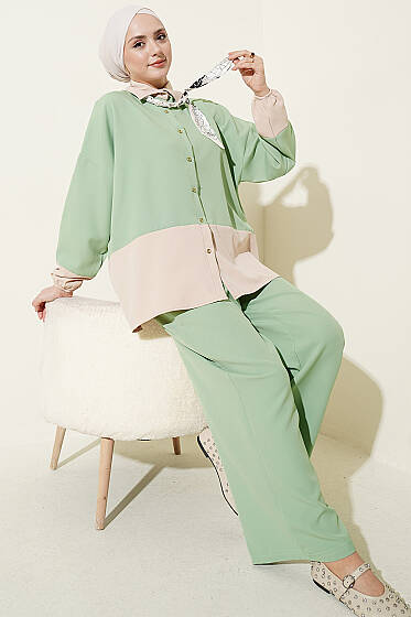 Renk Bloklu Fularlı İkili Takım Çağla Yeşili - İkili Takım