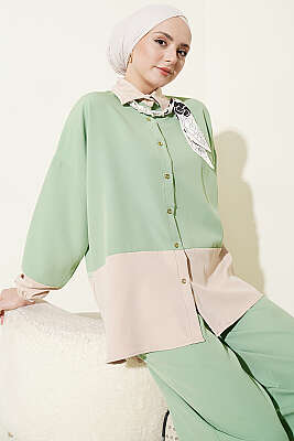 Renk Bloklu Fularlı İkili Takım Çağla Yeşili - İkili Takım