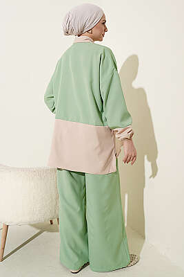 Renk Bloklu Fularlı İkili Takım Çağla Yeşili - İkili Takım