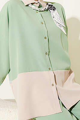 Renk Bloklu Fularlı İkili Takım Çağla Yeşili - İkili Takım