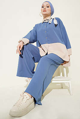 Renk Bloklu Fularlı İkili Takım İndigo 