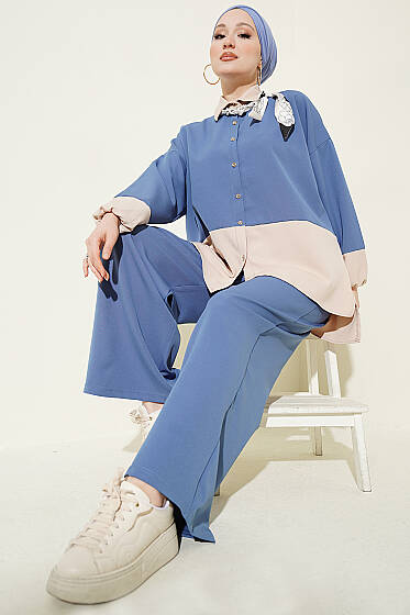 Renk Bloklu Fularlı İkili Takım İndigo - İkili Takım