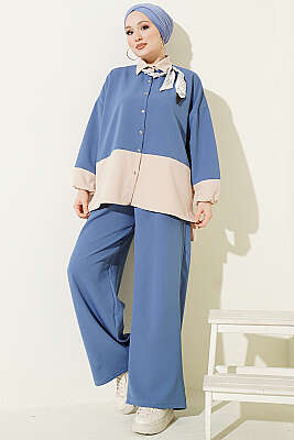 Renk Bloklu Fularlı İkili Takım İndigo - İkili Takım