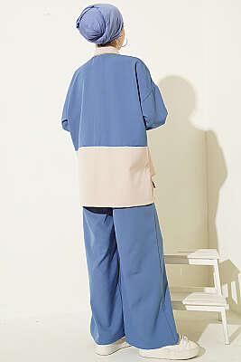 Renk Bloklu Fularlı İkili Takım İndigo - İkili Takım