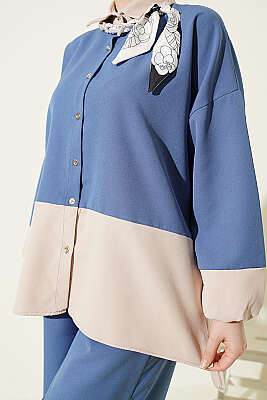 Renk Bloklu Fularlı İkili Takım İndigo - İkili Takım