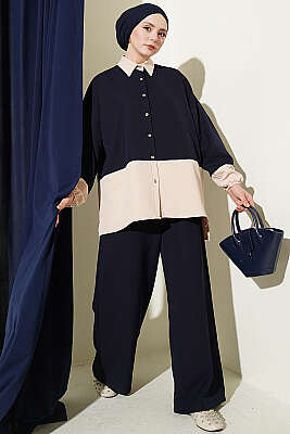 Renk Bloklu Fularlı İkili Takım Lacivert - İkili Takım