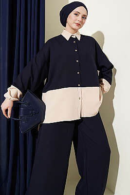 Renk Bloklu Fularlı İkili Takım Lacivert - İkili Takım