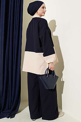 Renk Bloklu Fularlı İkili Takım Lacivert - İkili Takım