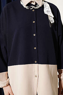 Renk Bloklu Fularlı İkili Takım Lacivert - İkili Takım