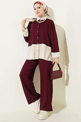 Renk Bloklu Fularlı İkili Takım Mürdüm 