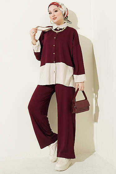 Renk Bloklu Fularlı İkili Takım Mürdüm - İkili Takım