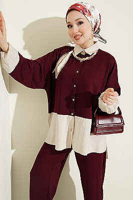 Renk Bloklu Fularlı İkili Takım Mürdüm - İkili Takım