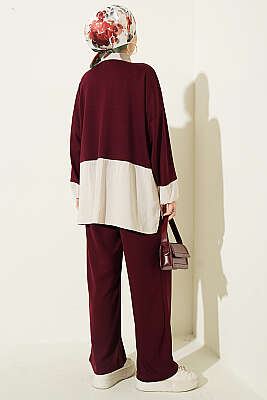 Renk Bloklu Fularlı İkili Takım Mürdüm - İkili Takım