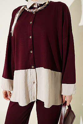 Renk Bloklu Fularlı İkili Takım Mürdüm - İkili Takım