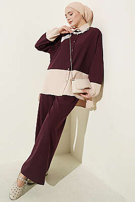 Renk Bloklu Fularlı İkili Takım Mürdüm 