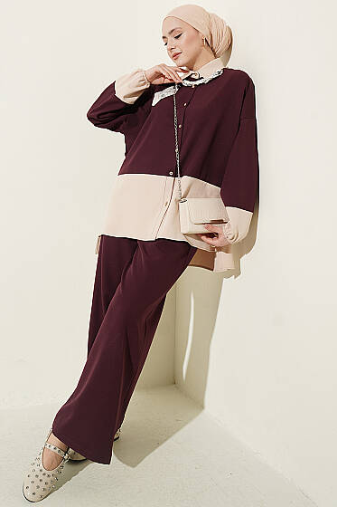 Renk Bloklu Fularlı İkili Takım Mürdüm - İkili Takım