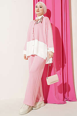 Renk Bloklu Fularlı İkili Takım Pudra 