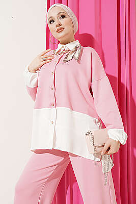 Renk Bloklu Fularlı İkili Takım Pudra - İkili Takım