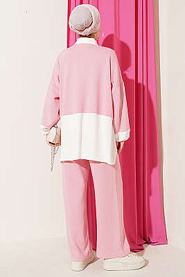 Renk Bloklu Fularlı İkili Takım Pudra - İkili Takım