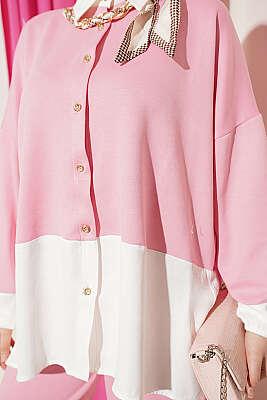 Renk Bloklu Fularlı İkili Takım Pudra - İkili Takım