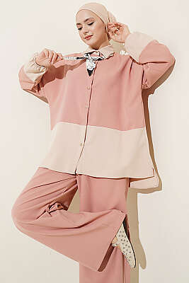 Renk Bloklu Fularlı İkili Takım Pudra 