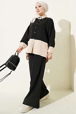 Renk Bloklu Fularlı İkili Takım Siyah - İkili Takım