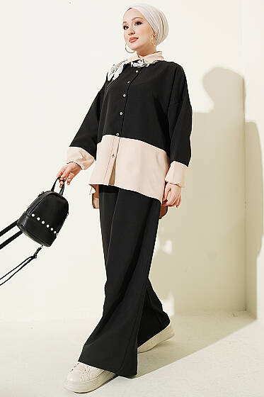 Renk Bloklu Fularlı İkili Takım Siyah - İkili Takım