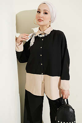 Renk Bloklu Fularlı İkili Takım Siyah - İkili Takım