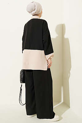 Renk Bloklu Fularlı İkili Takım Siyah - İkili Takım