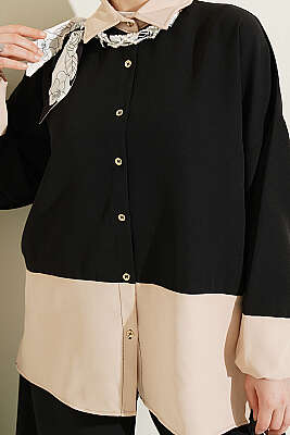 Renk Bloklu Fularlı İkili Takım Siyah - İkili Takım