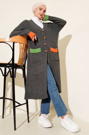 Renk Detaylı Salaş Füme Hırka - Hırka