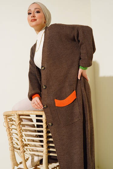 Renk Detaylı Salaş Kahve Hırka - Hırka