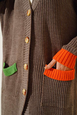 Renk Detaylı Salaş Vizon Hırka - Triko Hırka