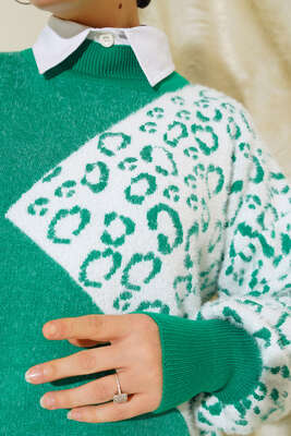 Renk Garnili Desenli Triko Tunik Yeşil - Thumbnail