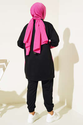 Renk Garnili Şeritli Fermuarlı İkili Takım Siyah - Thumbnail