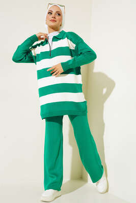 Renk Geçişli Yaka Fermuarlı Triko İkili Takım Yeşil - Thumbnail