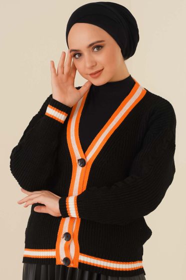 Renk Şeritli Örgü Hırka Siyah Oranj - Örgü Hırka