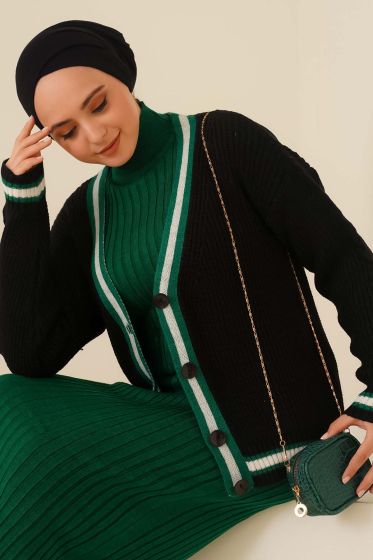 Renk Şeritli Örgü Hırka Siyah Zümrüt - Örgü Hırka