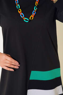 Renk Şeritli Uzun Büyük Beden Tunik Siyah - Thumbnail