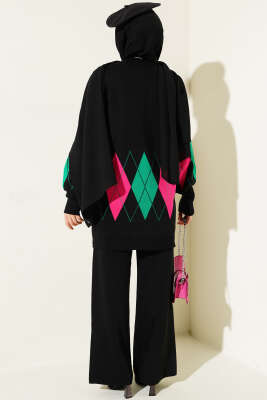 Renkli Baklava Desen Triko İkili Takım Siyah - İkili Takım