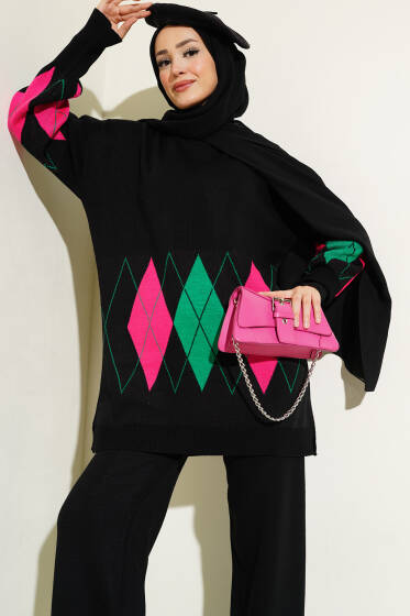 Renkli Baklava Desen Triko İkili Takım Siyah - İkili Takım