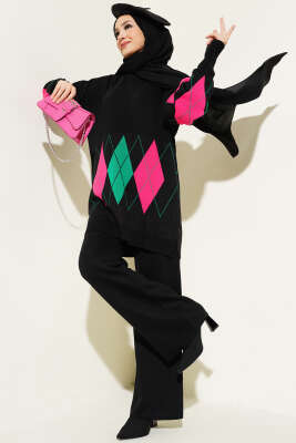 Renkli Baklava Desen Triko İkili Takım Siyah - Triko İkili Takım